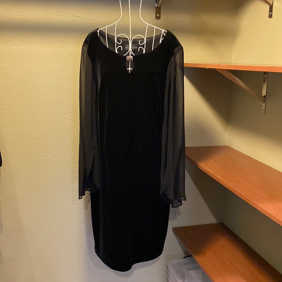 Black Velvet Dress with Sheer Sleeves - Picture 1 of 8
